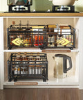 Kick Pantry Chaos To The Curb With This 2 Pack Expandable Pull Out Cabinet Organizer Built For Deep Drawers featuring sliding black wire baskets.