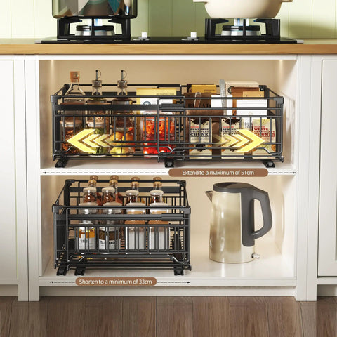 Kick Pantry Chaos To The Curb With This 2 Pack Expandable Pull Out Cabinet Organizer Built For Deep Drawers featuring sliding black wire baskets.