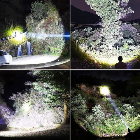 Powerful beam of Rechargeable Handheld Spotlight With Solar Panels, Ultra Bright LED Flashlight for Outdoor Use illuminating trees.