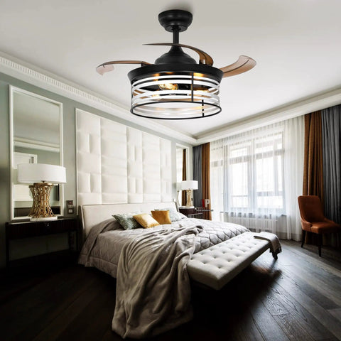 Retractable Ceiling Fan With Lights And Remote 36 Inch Farmhouse Caged Industrial Invisible Enclosed Fan Quiet Direct Motor in bedroom