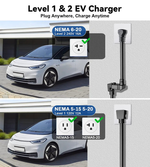 Level 1 And 2 Portable EV Charger For All EVs 16 Amp 110V To 240V 21 Ft Cable NEMA 6-20P Plug NEMA 5-15 Adapter J1772 image with car