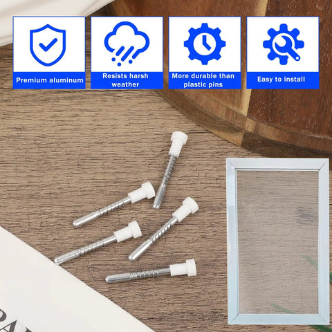 50 Pack Window Screen Plunger Latches Bully Tough Retainer Clips 5/32 X 1 1/2 Inch Aluminum Alloy Spring Pins on wooden background.