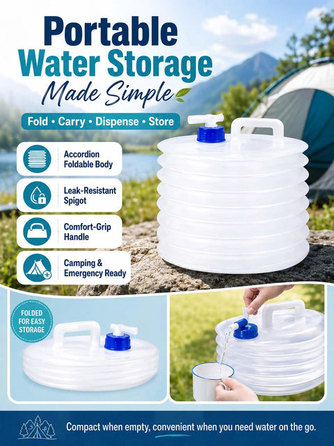 Foldable Water Container With Spigot For Camping And Travel 3 Liter Accordion Water Jug next to tent, showing features