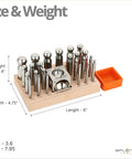 Dope 2 Inch Square Dapping Block With 24 Punch Set for Jewelry Making on a wooden stand with rubber base shown with measurements.
