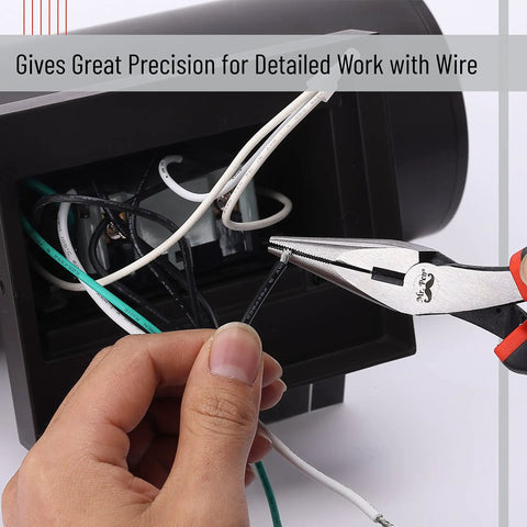 Pro Level Needle Nose Pliers Built Like A Tank With Tempered Steel Jaws For Tight Squeeze Tasks gripping black wire.