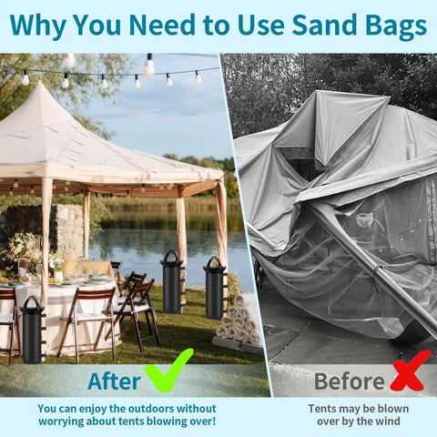 Comparison of canopies with and without Four Heavy Duty Sand Bags For Canopy And Gazebo Legs Extra Large 6 By 20 Inch Sand Bags Without Sand Perfect For Pop Up Tents Outdoor Sun Shelters And Umbrellas Built To Last With 800D Oxford Cloth And Waterproof Coating.