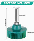 12 Piece 2 Inch Abrasive Bristle Disc Go-To Set For Drill With 50 80 120 Grits, green disc with 1/4 inch shank attachment.