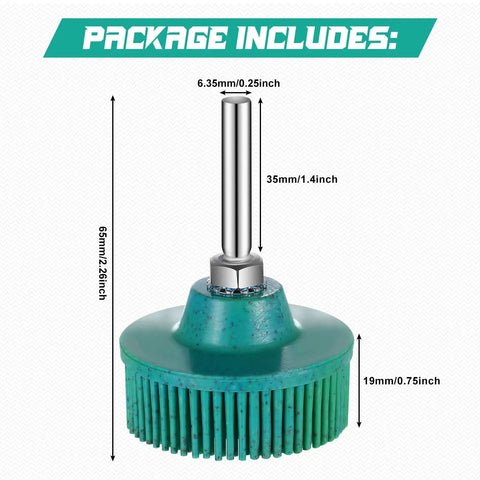 12 Piece 2 Inch Abrasive Bristle Disc Go-To Set For Drill With 50 80 120 Grits, green disc with 1/4 inch shank attachment.