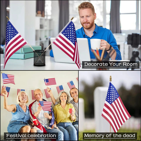 150 Pack Handheld American Flags On Sticks 4x6 Inches With Gold Spearhead For 250th Anniversary, 4th Of July, Memorial Day, Parades And Outdoor Lawn Decor For Backyard Parties displayed in various settings.