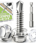 370 Piece Job Site Staple 410 Stainless Steel Number 8 By 3/4 Inch Hex Washer Head Self Drilling Screw Kit with screws and washers.