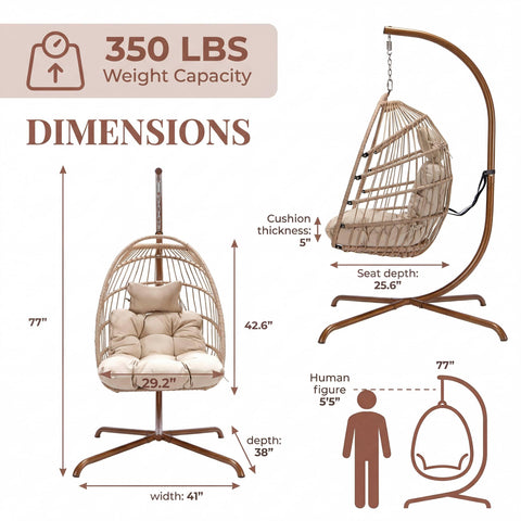 Indoor Outdoor Wicker Hanging Egg Chair With Stand Cozy Patio Swing Hammock Egg Shell Chair With Cushions 350 Lb Capacity dimensions