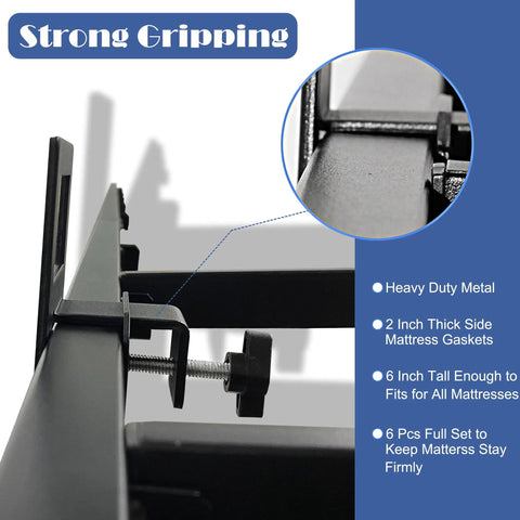 Hella Secure Anti Slip Mattress Grippers Keep Your Bed Frame Locked Tight With Thick Rubber Pads Stop Every Shifty Setup Dead In Its Tracks 6 Piece Set Easy Install For Twin Full Queen Or King Metal Frames All The Way, close-up of heavy duty metal gripper on bed frame.