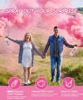 Big Time Gender Reveal Sprayers 2 Pack Biodegradable Color Powder Blasters in action with pink smoke at a celebration.