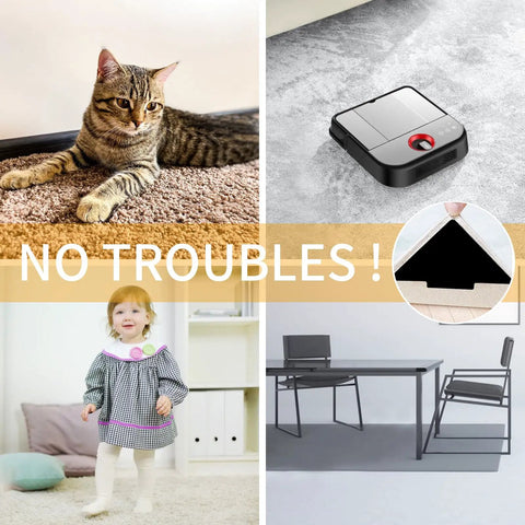 Image collage with a cat on carpet, robotic vacuum on floor, non slip rug stopper corner, and child walking near furniture. Focus: Non Slip Rug Stopper Tape Set 10 Pcs Double Sided Reusable Rug Grippers For Hardwood Floors Tile Floors Carpets And Floor Mats Wall Protection Triangle Design For Strong Adhesion Black.
