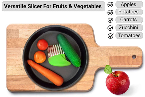 Top-down view of KLEENE 2-piece stainless steel crinkle cutter set on a wooden cutting board with carrot and tomatoes