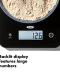 Everyday Glass Kitchen Scale For Meal Prep, Digital Food Scale With 11lb/5kg Capacity showing backlit display with flour