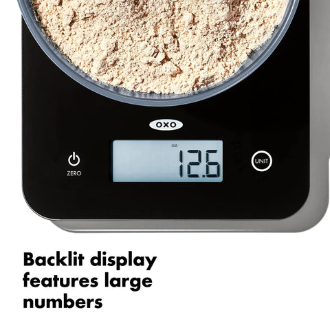 Everyday Glass Kitchen Scale For Meal Prep, Digital Food Scale With 11lb/5kg Capacity showing backlit display with flour