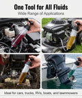 Top Shelf Manual Fluid Extractor Pump For Absolute No Sweat Oil Changes Using Dual Suction Tubes Clear Reservoir And Solid Build For Brake Transmission And Power Steering Fluid Extraction in use on various vehicles.