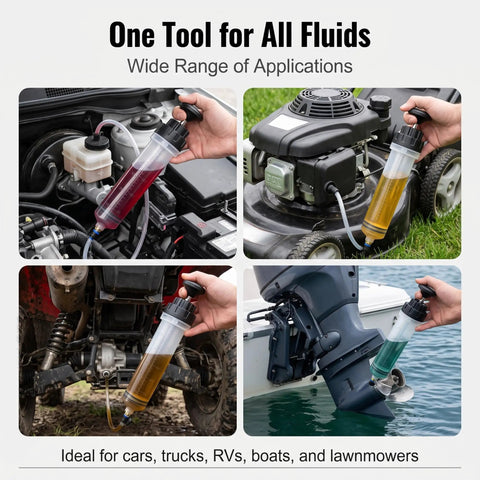 Top Shelf Manual Fluid Extractor Pump For Absolute No Sweat Oil Changes Using Dual Suction Tubes Clear Reservoir And Solid Build For Brake Transmission And Power Steering Fluid Extraction in use on various vehicles.