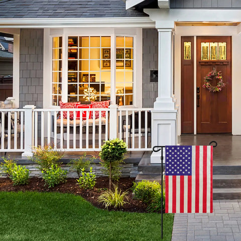 American Garden Flag 12x18 Inches Double Sided Burlap Stars And Stripes Weatherproof Patriotic USA Flag displayed in front yard