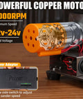 Powerful copper motor showcasing 9000RPM maximum speed and 12v-24v voltage for Rock Solid Mini Belt Sander And Knife Sharpener Bench Grinder Kit.
