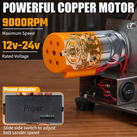 Powerful copper motor showcasing 9000RPM maximum speed and 12v-24v voltage for Rock Solid Mini Belt Sander And Knife Sharpener Bench Grinder Kit.