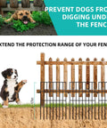 No Dig Animal Barrier Fence Kit With 25 Panels Measuring 17 Inches High And 27 Feet Long Garden Fence Border For Rabbits And Dogs Rustproof Metal Fence To Stop Digging And Prevent Escapes In Yard Patio shown installed under a wooden fence with a dog.