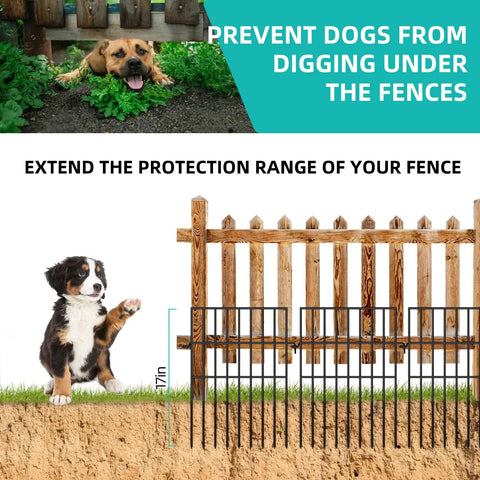 No Dig Animal Barrier Fence Kit With 25 Panels Measuring 17 Inches High And 27 Feet Long Garden Fence Border For Rabbits And Dogs Rustproof Metal Fence To Stop Digging And Prevent Escapes In Yard Patio shown installed under a wooden fence with a dog.