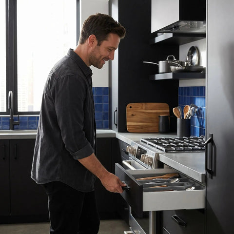 Person using kitchen drawer with Two Pack Self Stick Cabinet Handles Matte Black Aluminum Alloy No Drill Adhesive Drawer Pulls For Cabinets