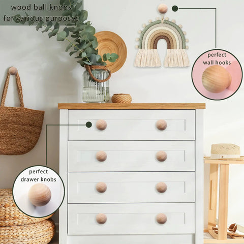 Wood Ball Knobs Set 12 Pack 1-1/2 Inch Round Natural Wooden Cabinet Knobs For Drawers Dresser Wardrobe Cupboard Kitchen Door Pulls And Handles Screws Included Grab And Go Easy Install Durable Finish