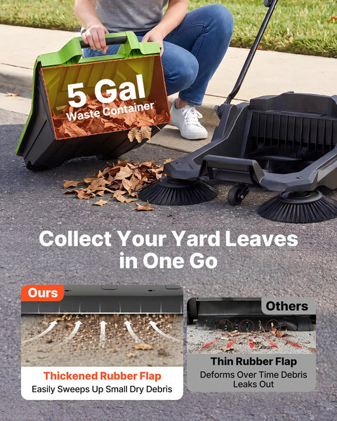 VEVOR Walk-Behind Floor Sweeper With 25.6 Inches Wide Brush And Big Waste Bin Perfect For Picking Up Leaves Grass And Debris From Yards Patios Garages No Battery Or Fuel Needed Super Easy To Push Around