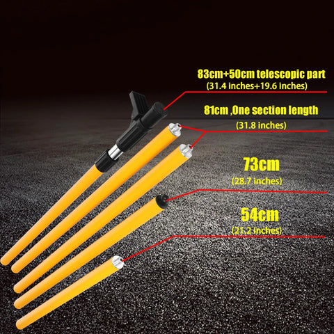 Pro Grade Adjustable Telescopic Laser Level Mounting Pole With Tripod Extends To 13.78 Ft 4.2 m 5/8-11 Rotating Nut Fast Setup Horizontal Leveling Adapter For Builders Contractors And DIY Pros. Orange telescopic laser level pole sections with measured lengths