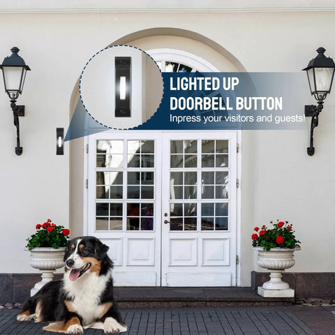Lighted Wired Doorbell Button With Metal Wall Mount In Black Waterproof LED Push Button For Home Durable Weatherproof Doorbell Easy Install No Fuss High Visibility Illumination Long Lasting Performance on exterior wall
