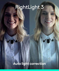 RightLight 3 auto exposure correction example showing a woman smiling before and after lighting adjustment, showcasing video quality.