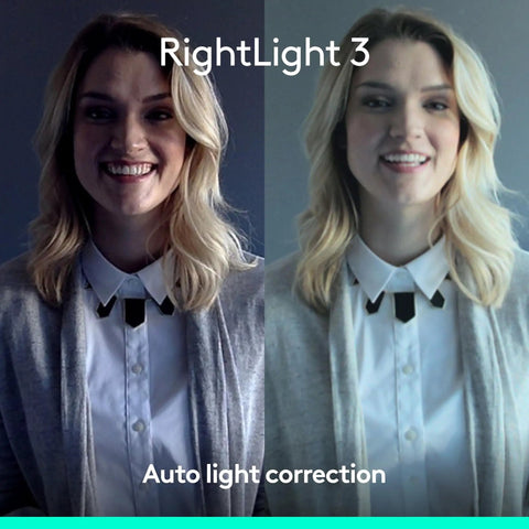 RightLight 3 auto exposure correction example showing a woman smiling before and after lighting adjustment, showcasing video quality.