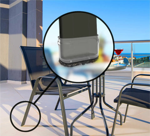 Hella Durable Marine Grade Berber Furniture Slider Socks With Uv Shielded Clear Sheath For Medium Rectangular Legs 8 Pack snugly fitting on patio chair leg.