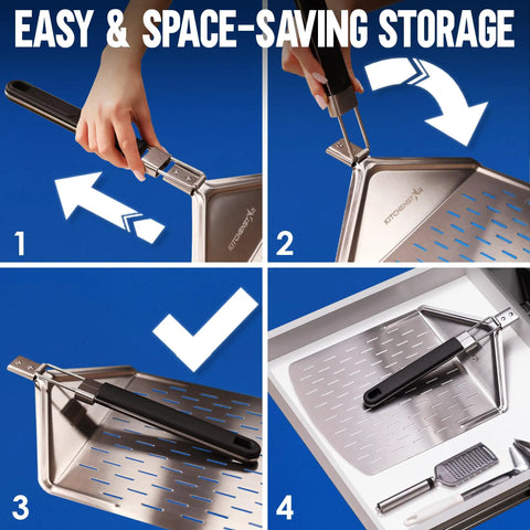 Perforated Pizza Peel 12 Inch With 10 Inch Folding Handle Stainless Steel Spatula Paddle shown folding for easy storage