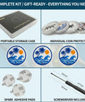 Counterbalance Pickleball Paddle Cap Coins 5g 10g 15g Set with case, protective covers, adhesive pads, and screwdriver included.