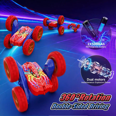Glowing Eyes 360 Flip RC Car With Lights, 2.4GHz 4WD Drift Stunt Remote Control Vehicle, showcasing 360° flips and dual motors.