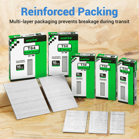 Five Sizes 16 Gauge Galvanized Finish Nails 2500 Pcs Assorted Set packaging and nails on wood surface