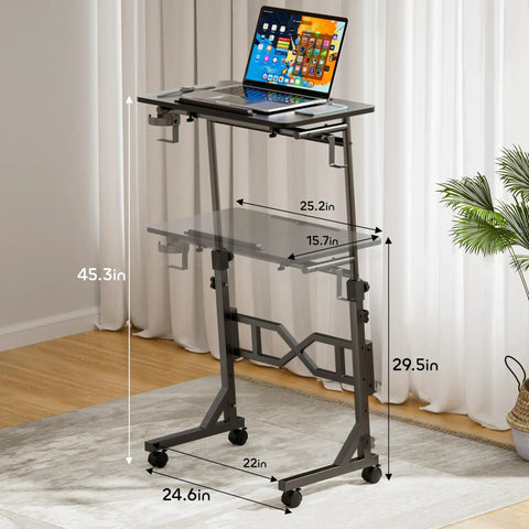 Standing Desk On Wheels For Treadmills With Adjustable Height 29.5 To 45.3 Inches showing laptop and measurements