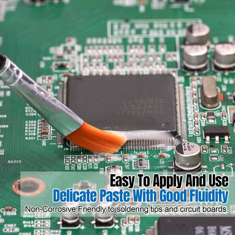 Brush applying No Clean Solder Paste Flux For Electronics Repair No Mess Rosin Flux Paste Lead Free on a PCB