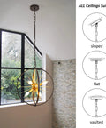 Modern Sputnik Style 6 Light Starburst Chandelier hanging in living room with black and gold globe fixture, shown with suitable ceiling types.