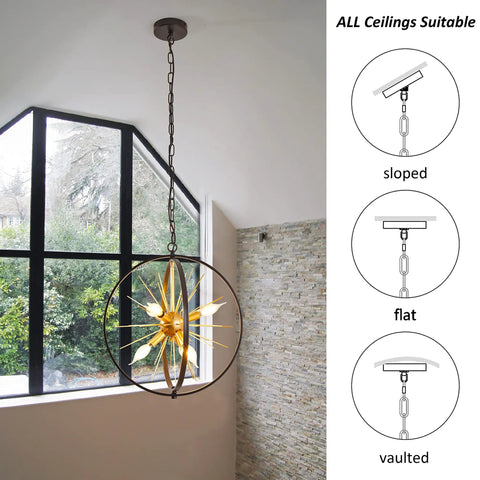 Modern Sputnik Style 6 Light Starburst Chandelier hanging in living room with black and gold globe fixture, shown with suitable ceiling types.