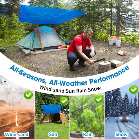 Double-Sided Waterproof Poly Tarp 14x30 Feet 5 Mil Thick Heavy-Duty in use for tent camping in forest