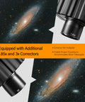 Close-up of stereo binocular viewer for telescopes with 1.25 inch barrel showing 1.85x and 3x correctors with galaxy view