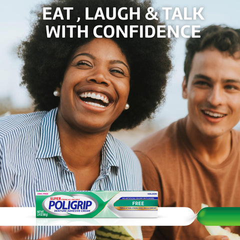 Smiling individuals with Strong All Day Hold Denture Adhesive Cream With Food Seal For Comfort Flavor Free And Zinc Free 2.4 Oz image