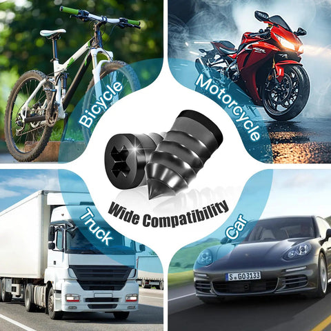 90 Piece Tire Repair Kit With 3 Size Screws Rubber Nails Valve Stems Pliers And Gloves Beefed Up For Cars Motorcycles Trucks And ATVs Puncture Repair And Emergency Roadside Prep, showcasing versatility with bicycle, motorcycle, truck, and car images.