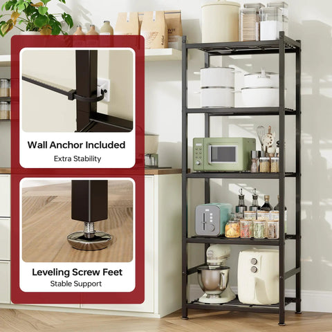 Space Saving 5 Tier Metal Shelving Unit With Self Leveling Feet Hella Sturdy Wire Rack Organizer For Garage Kitchen Pantry Closet Black showcasing stability features.