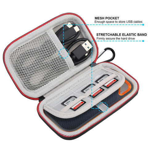 Open view of Rugged Hard Case For SanDisk Extreme Pro And Portable SSDs, showing mesh pocket with USB cables and elastic band slots.